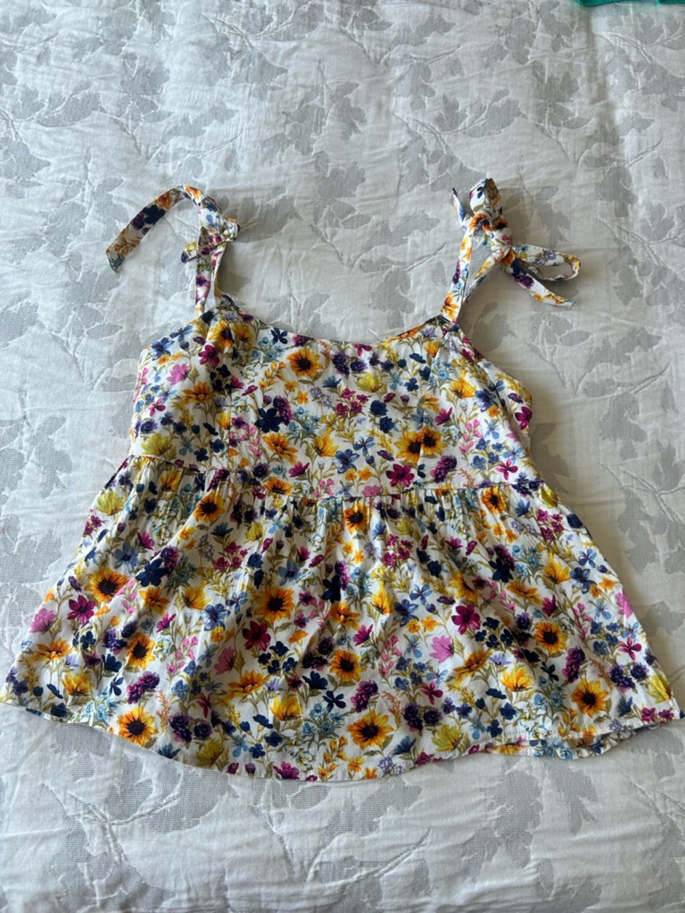 Old Navy White Floral Tie-Shoulder Tank with Yellow and Purple Blooms